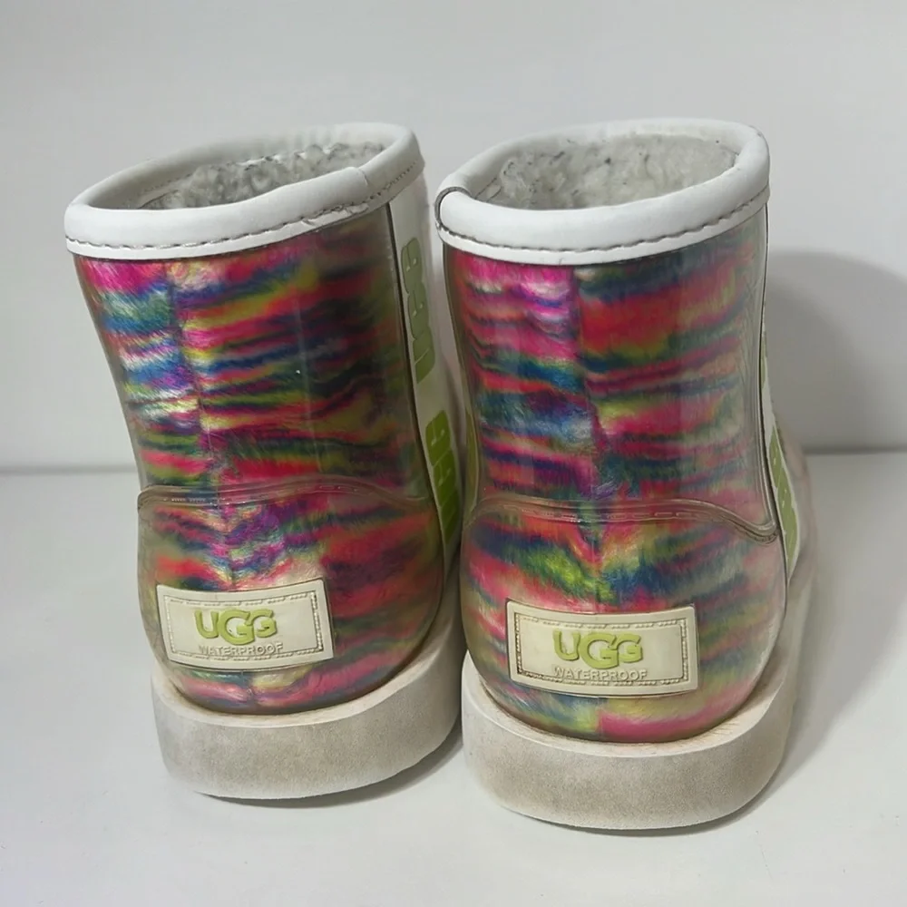 Girls Uggs Classic Clear mini boot in rainbow pattern.
